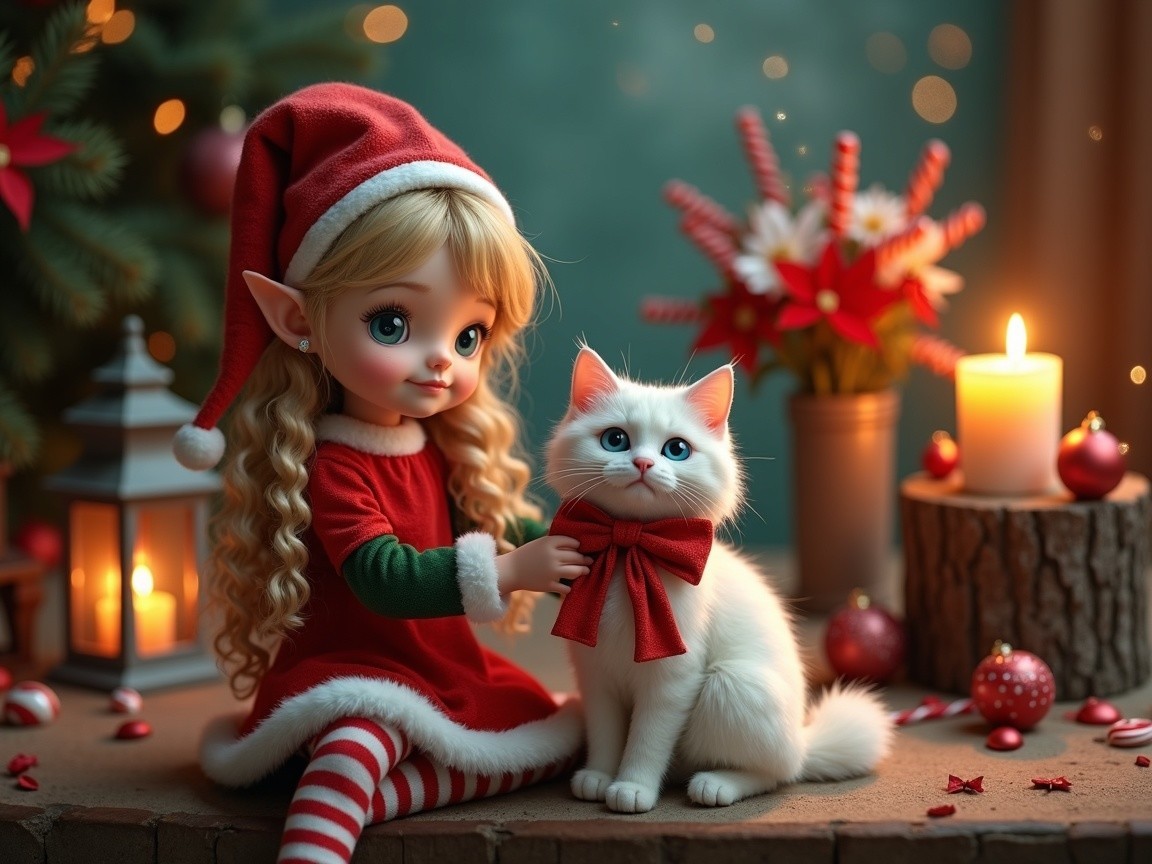 Elf Girl with Cat Surrounded by Christmas Decor