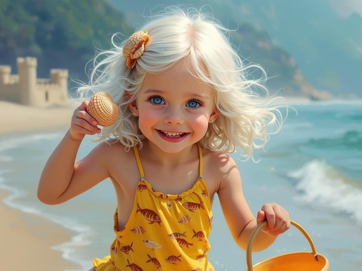Cheerful girl on beach with seashell and yellow dress