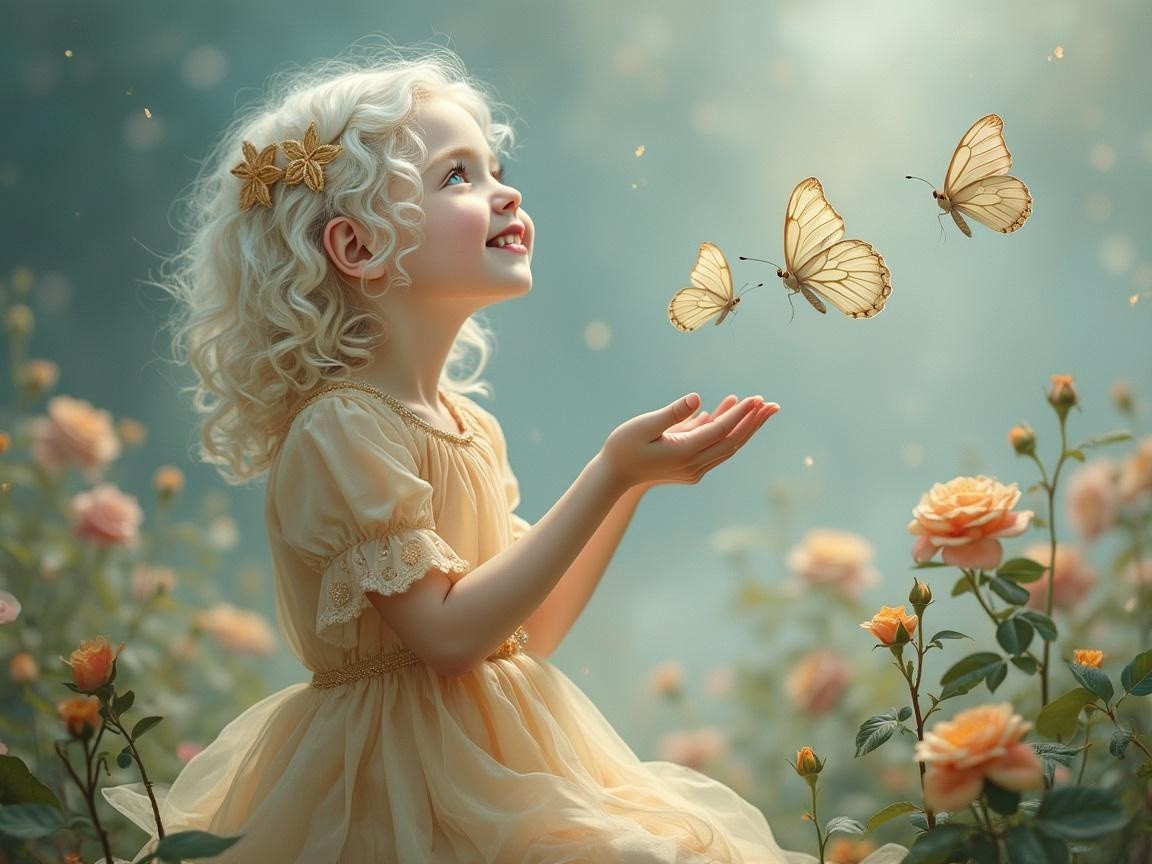 Whimsical Garden Scene with Joyful Young Girl
