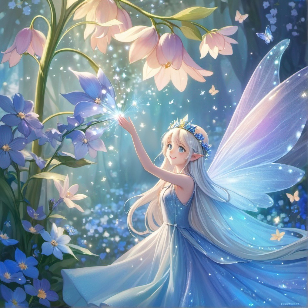 Fairy Interacts with Butterfly in Magical Forest Setting