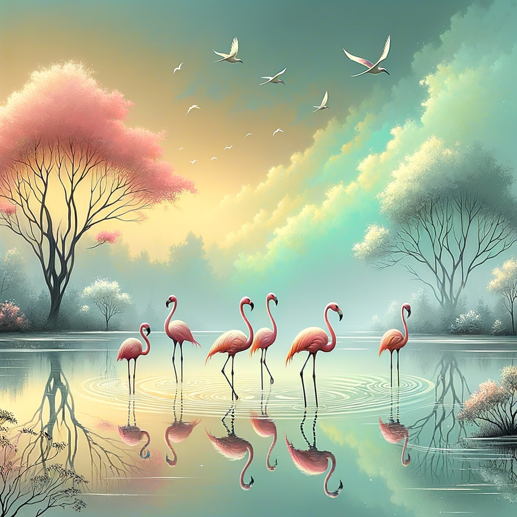 Serene Dawn Landscape with Flamingos and Tranquil Lake