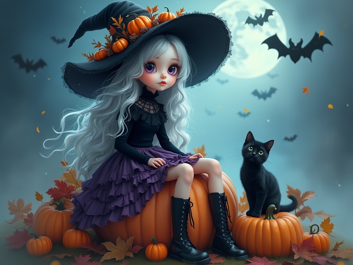 Whimsical Halloween Scene with Young Witch and Cat