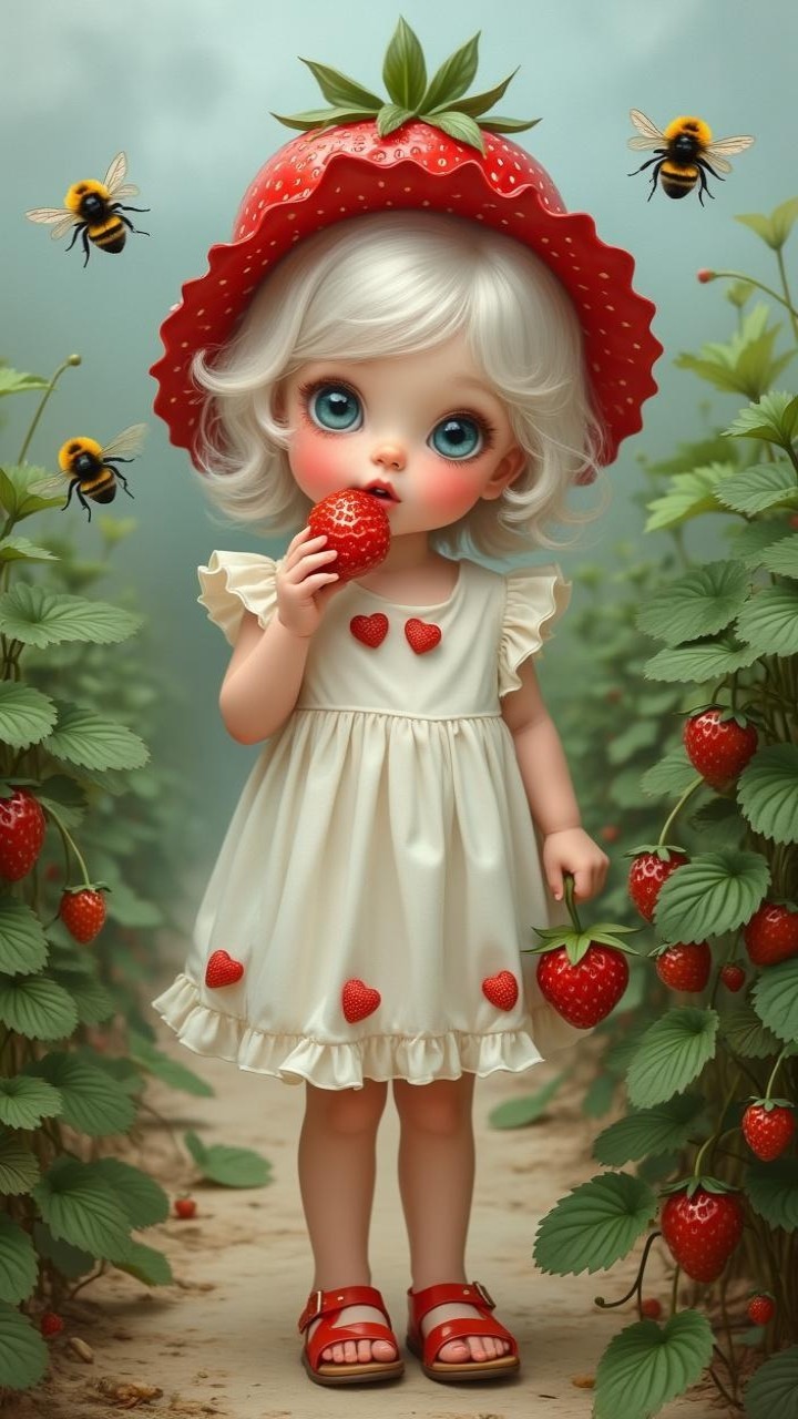 Whimsical Girl in Strawberry Field with Bees