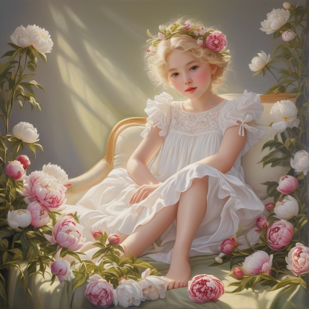 Young girl in white dress on beige chaise longue with peonies
