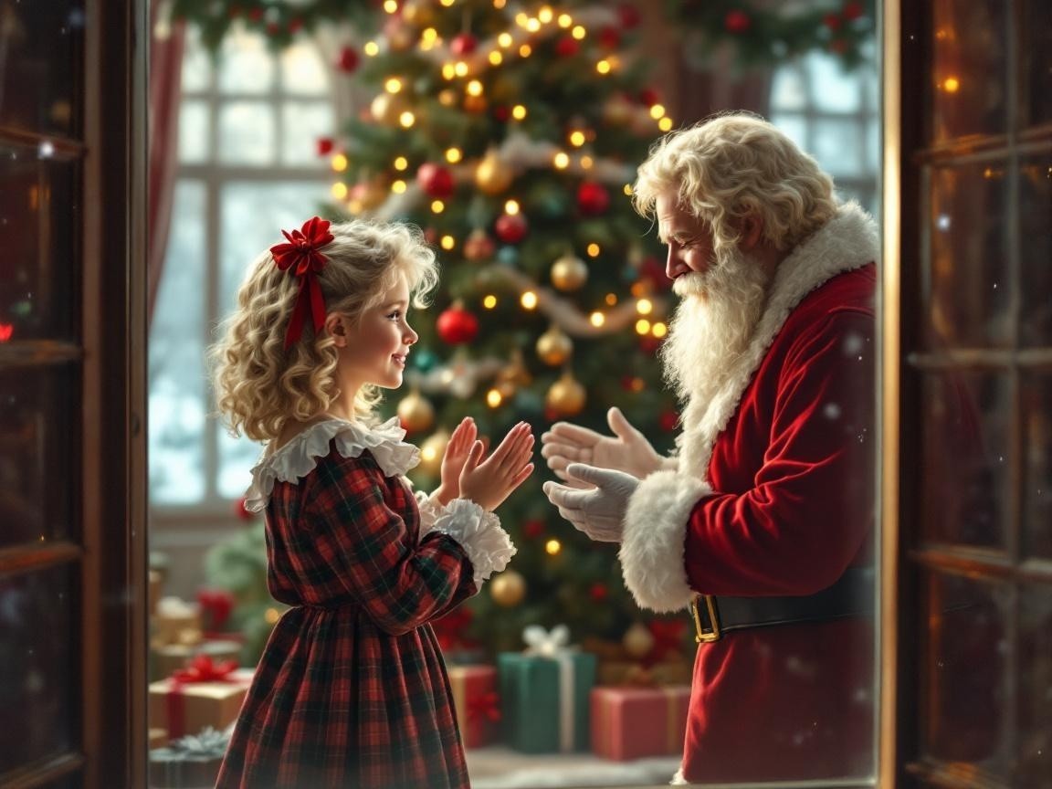 Heartwarming Scene of Girl with Santa by Christmas Tree
