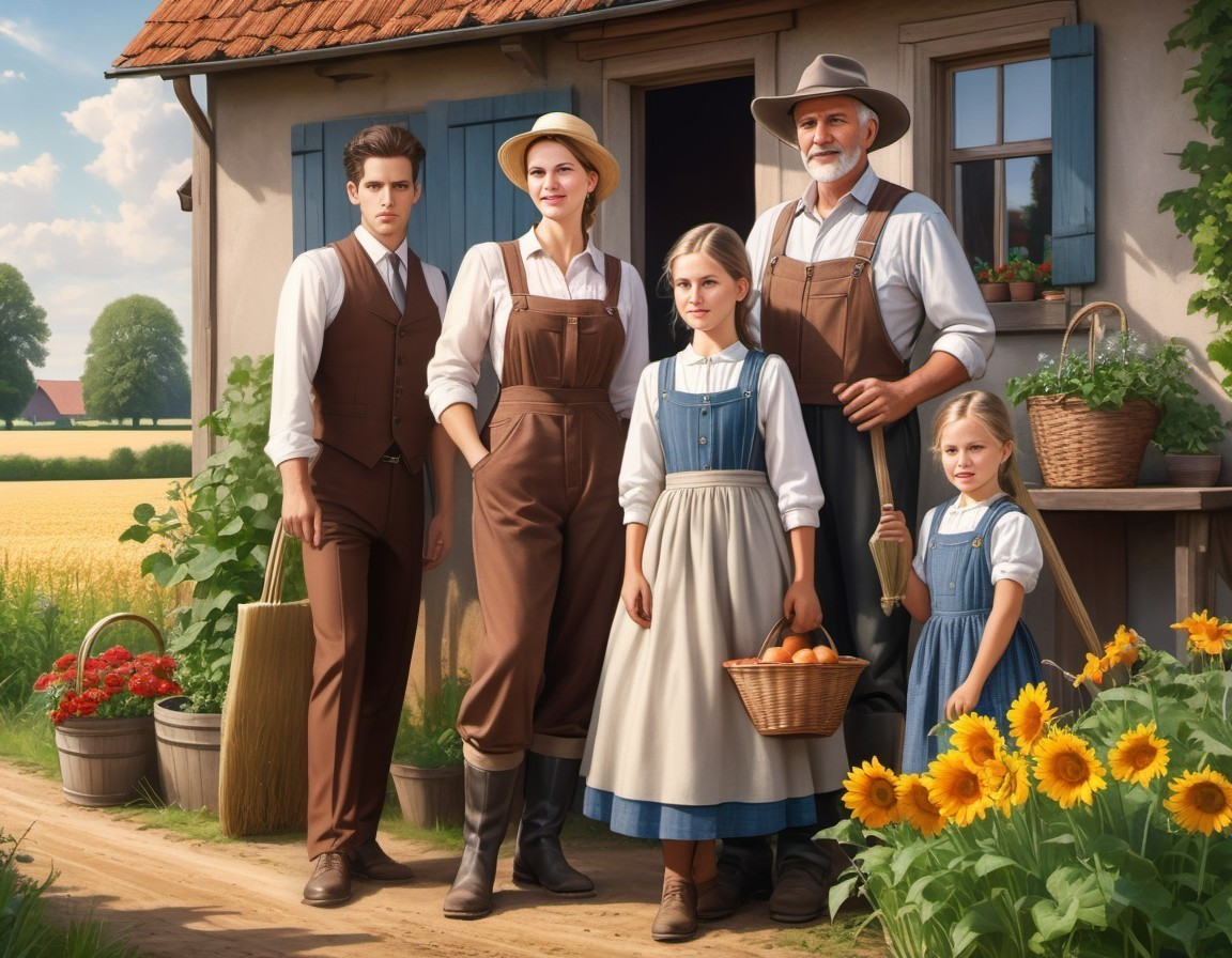 Countryside Family Scene Outside Charming Farmhouse