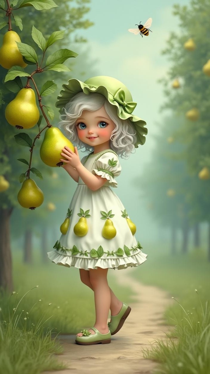 Charming girl in orchard with pear tree and bee