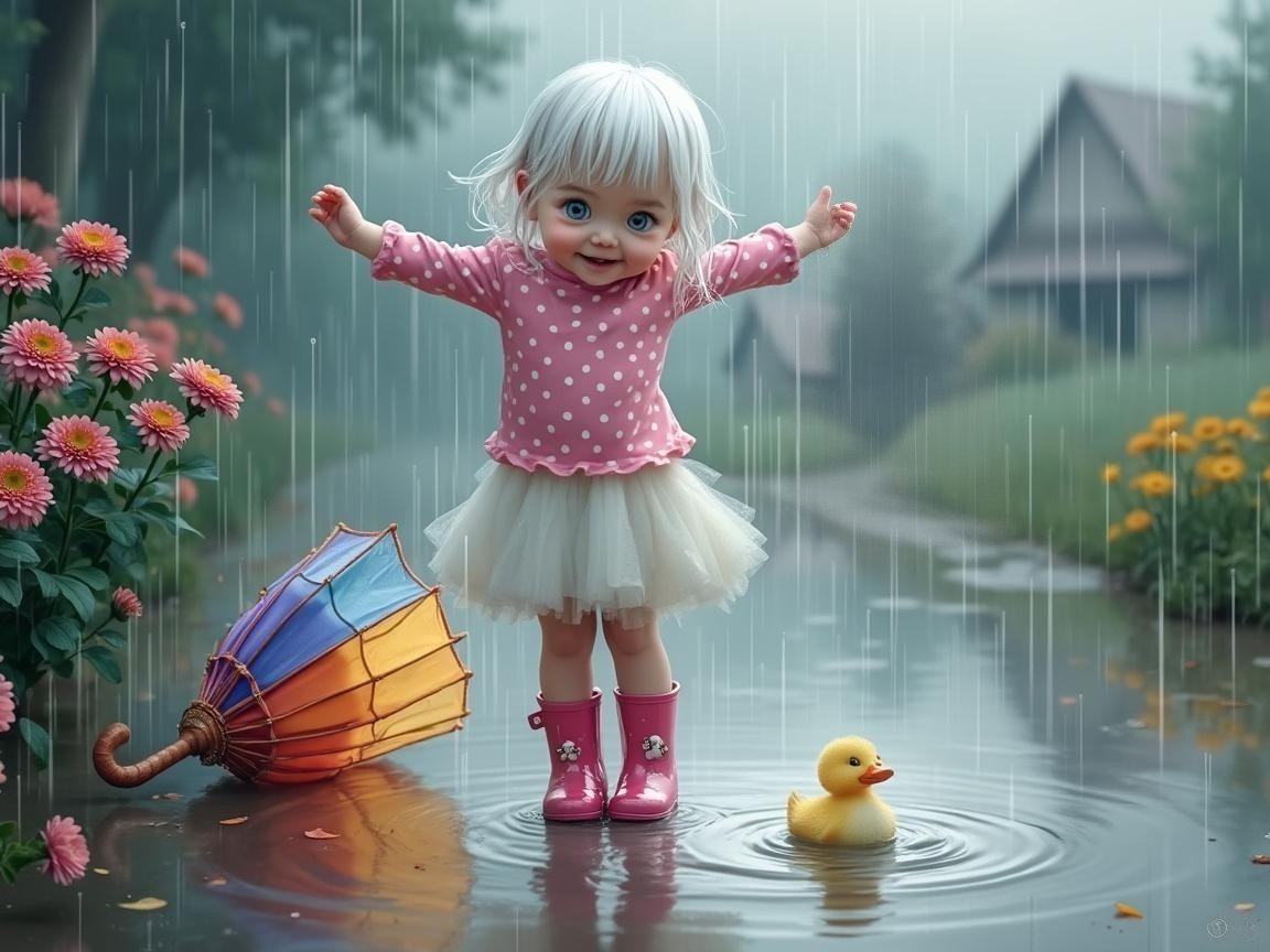 Cheerful Doll in Rainy Scene with Umbrella and Duck