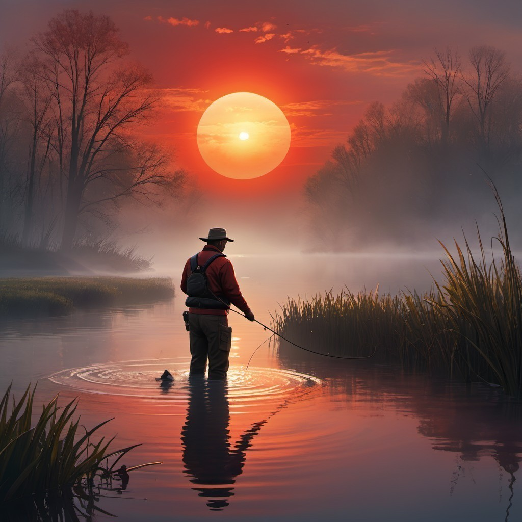 Lone Fisherman at Dawn in Tranquil Waterscape