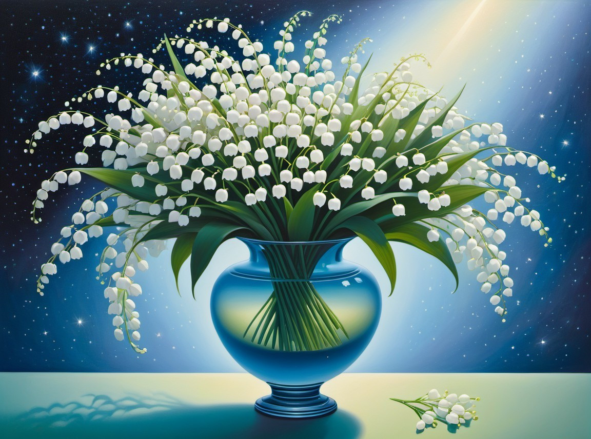 Blue Vase with White Lily-of-the-Valley Flowers