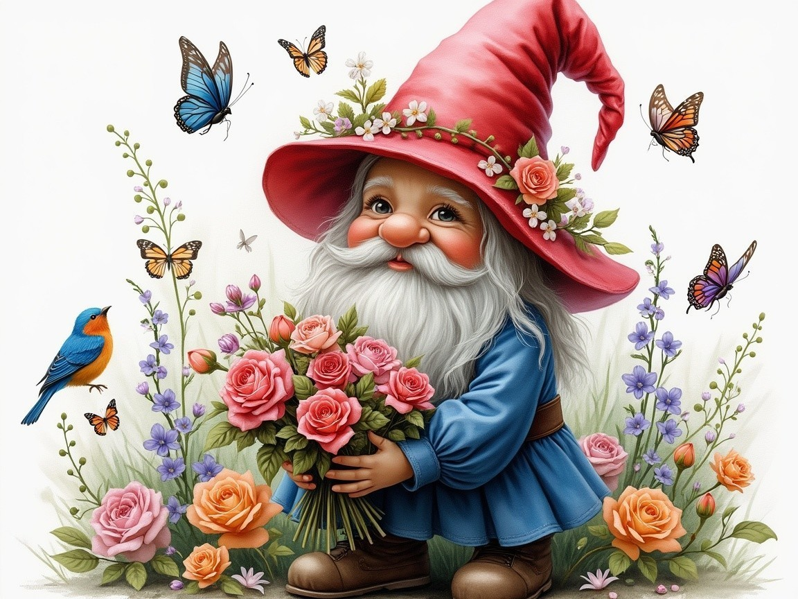 Whimsical Garden Gnome Surrounded by Colorful Nature