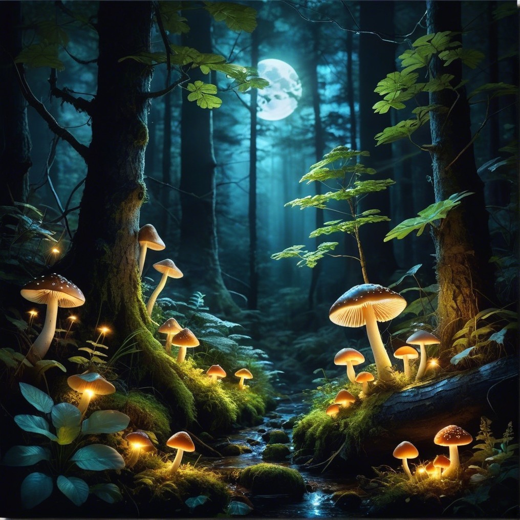 Bioluminescent Mushrooms in a Mystical Night Forest
