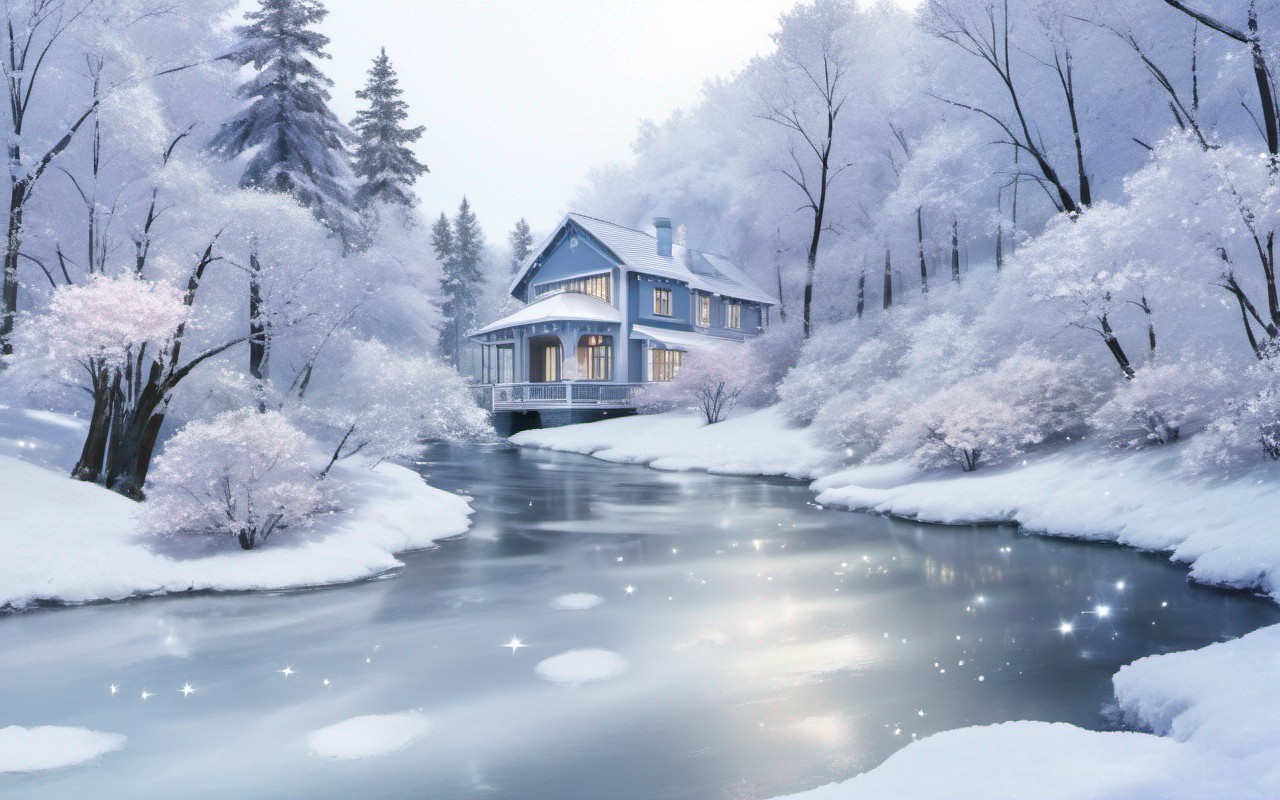 Cozy Blue House in a Serene Winter Landscape