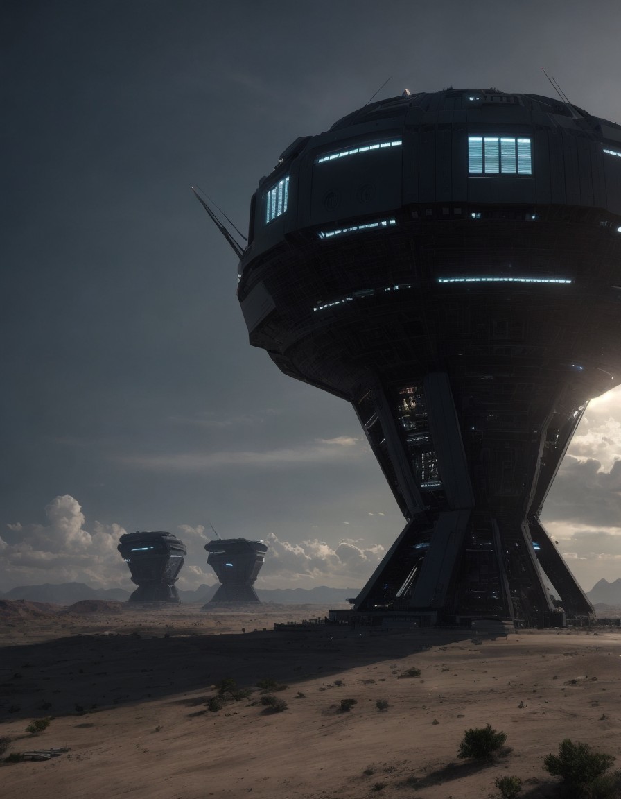 Futuristic towers with spherical tops in desert landscape under cloudy sky