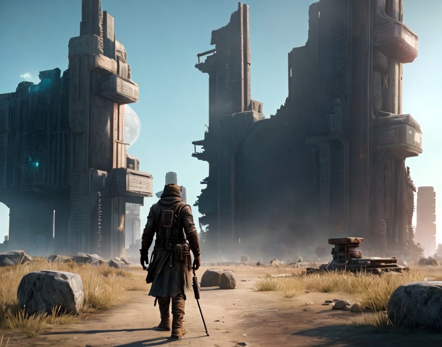 Figure with staff in front of dilapidated structures in desert landscape