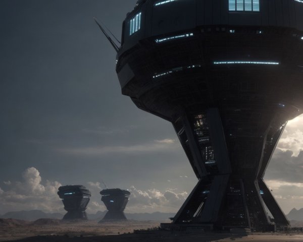 Futuristic towers with spherical tops in desert landscape under cloudy sky