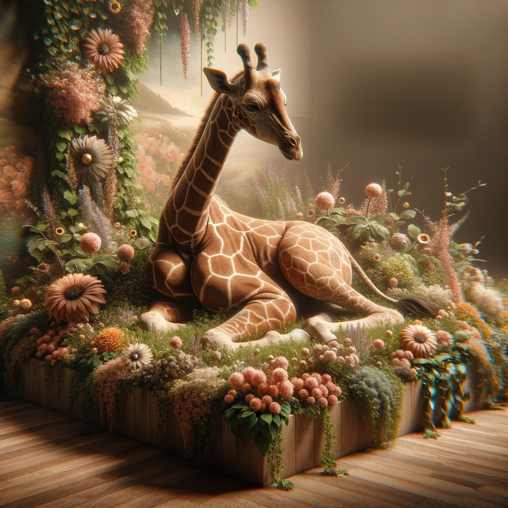 Resting Giraffe Surrounded by Colorful Flowers