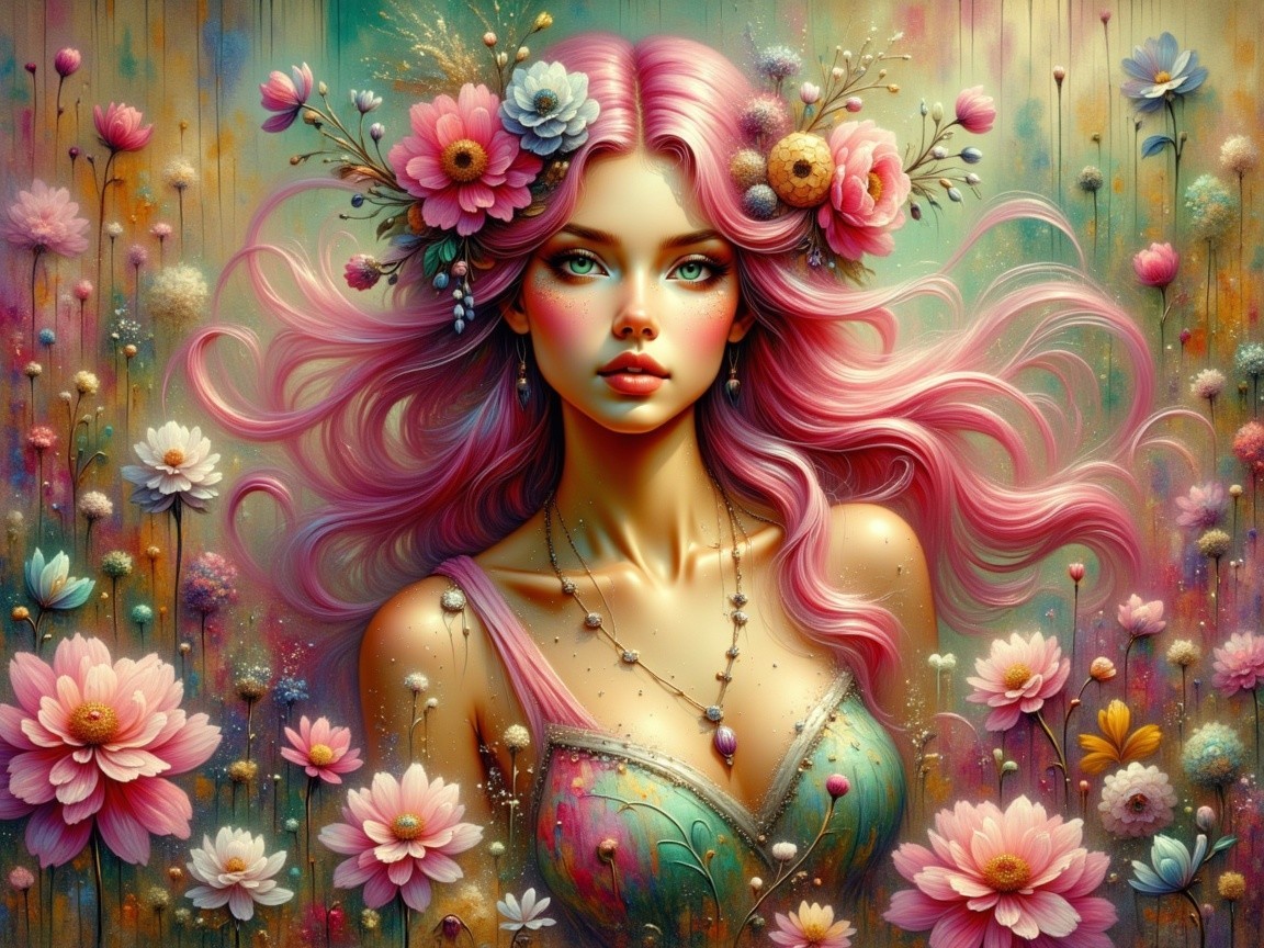 Serene Woman with Pink Hair and Floral Background
