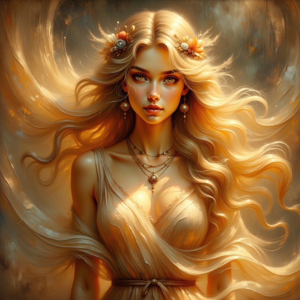 Portrait of a Young Woman with Floral Accents and Gown