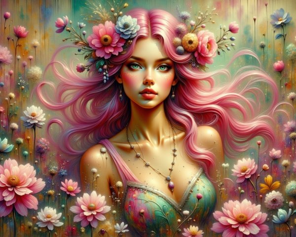 Serene Woman with Pink Hair and Floral Background
