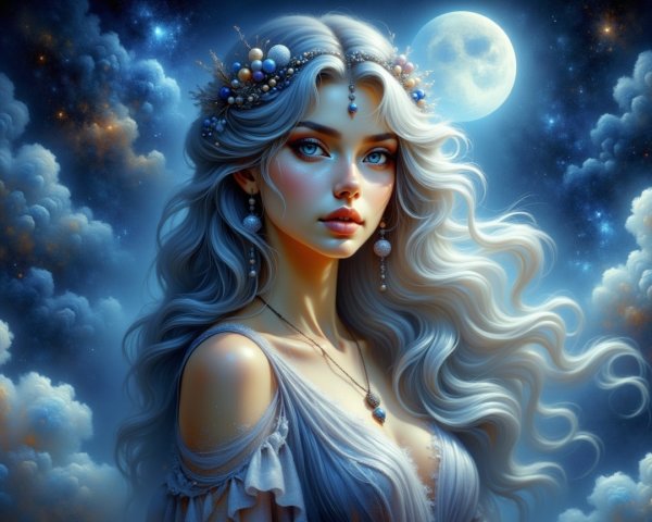 Mystical Woman with Silver Hair Under Full Moon
