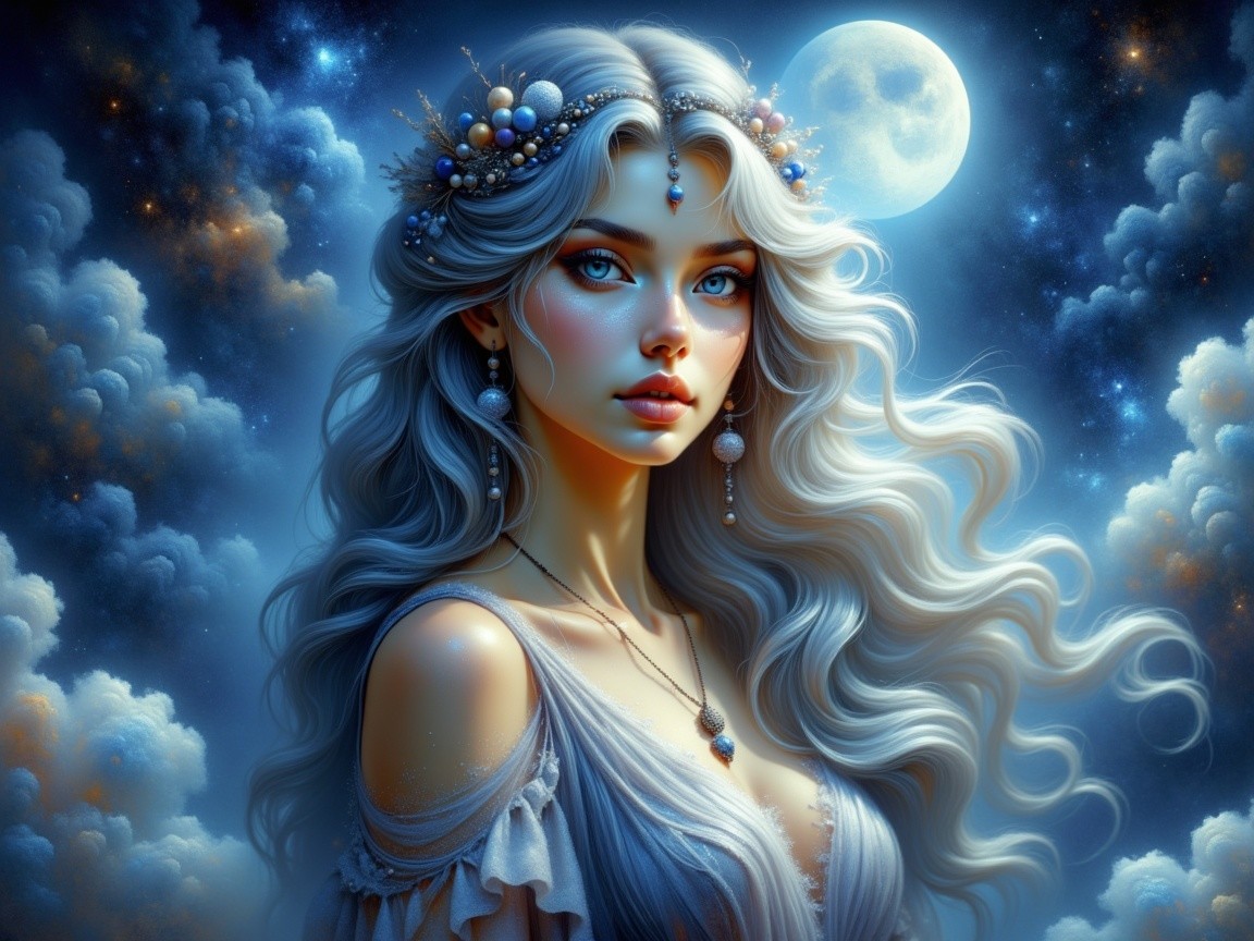 Mystical Woman with Silver Hair Under Full Moon