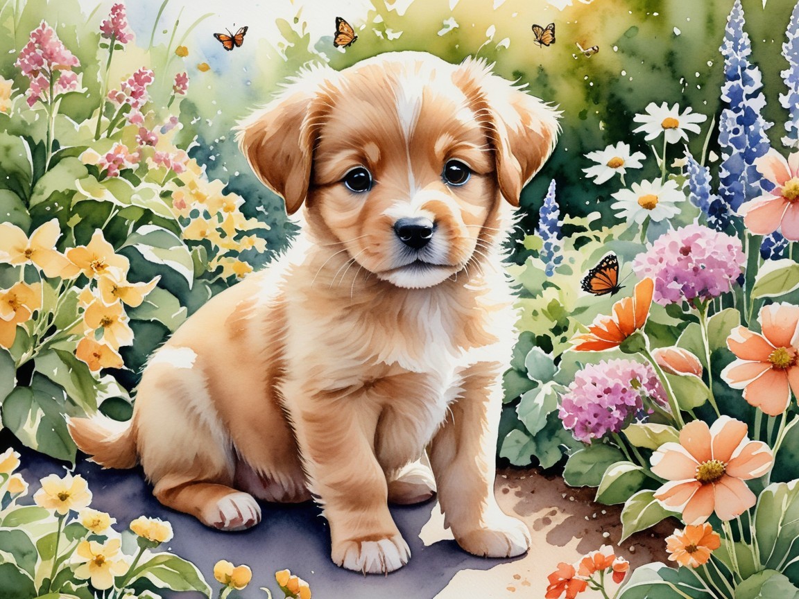 Golden puppy in a vibrant garden with flowers and butterflies