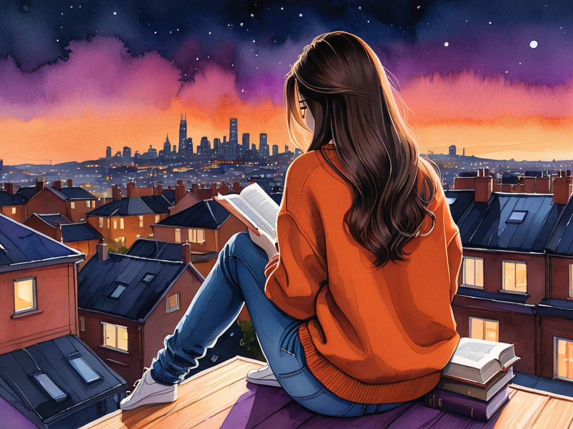 Young woman reading on rooftop at sunset over skyline