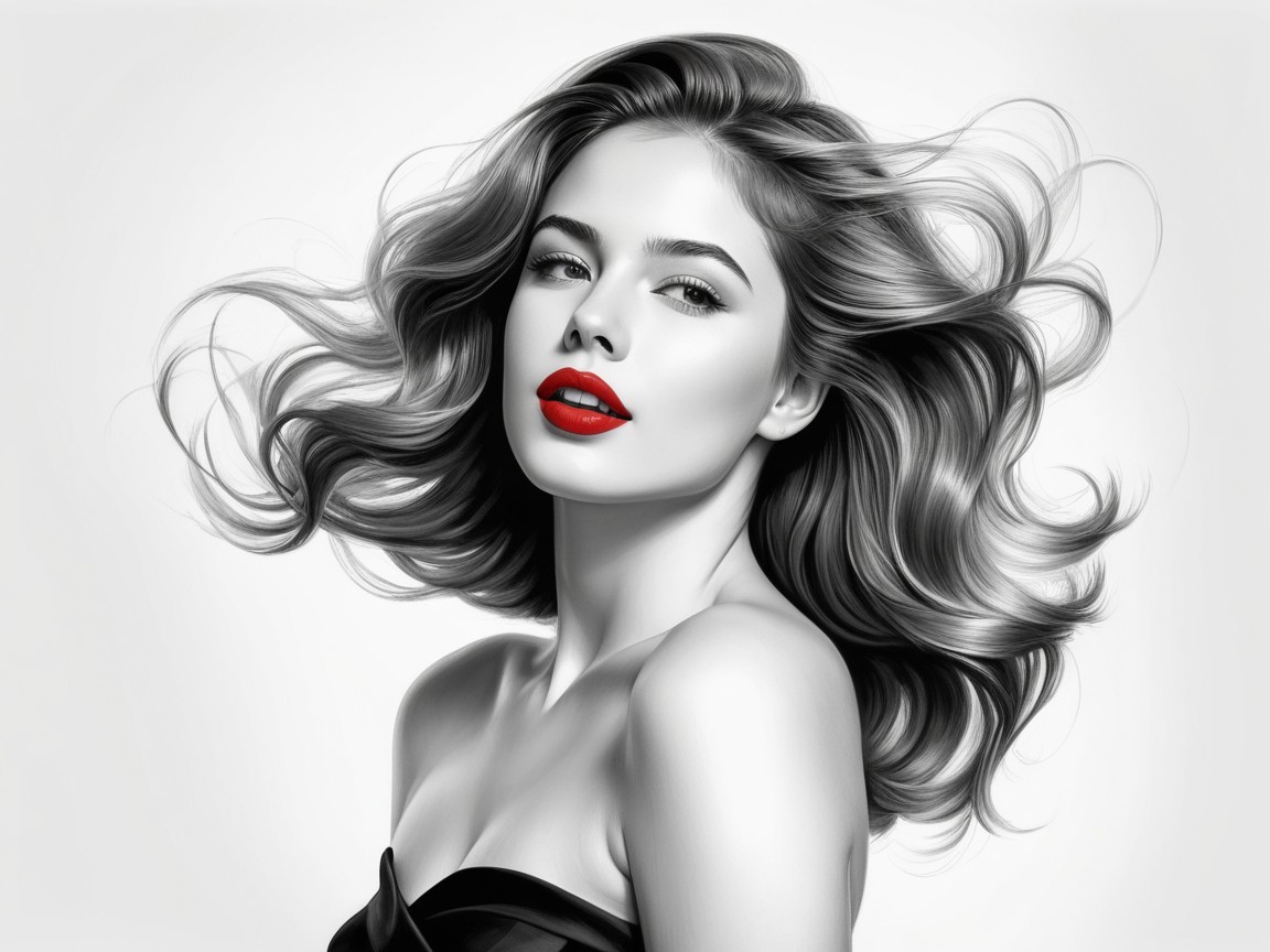 Black-and-white portrait of a woman with red lips