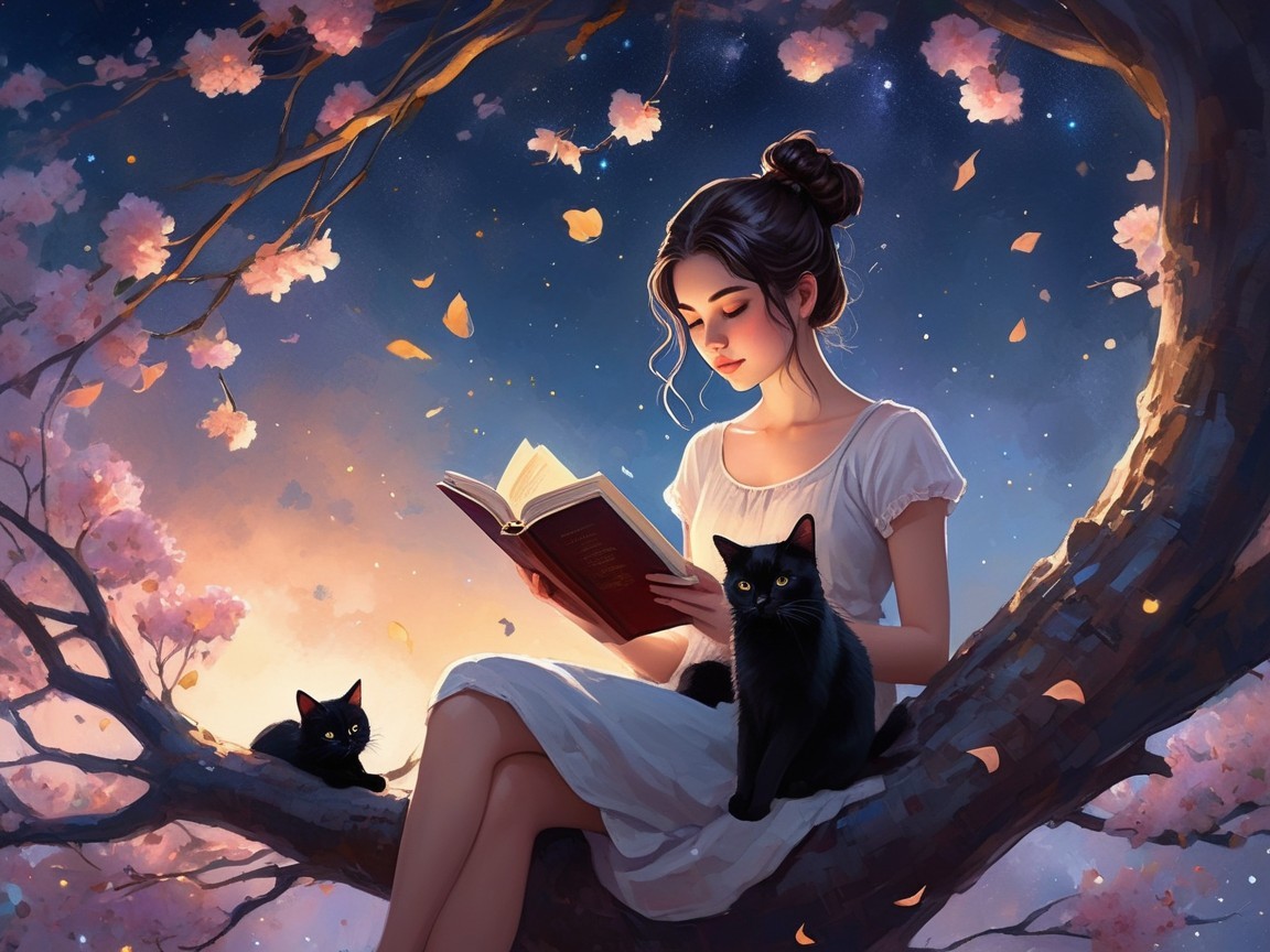 Young woman in white dress reading among cherry blossoms