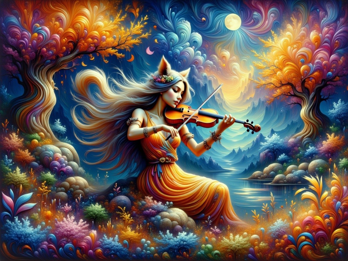 Whimsical Scene of a Female Violinist in Nature