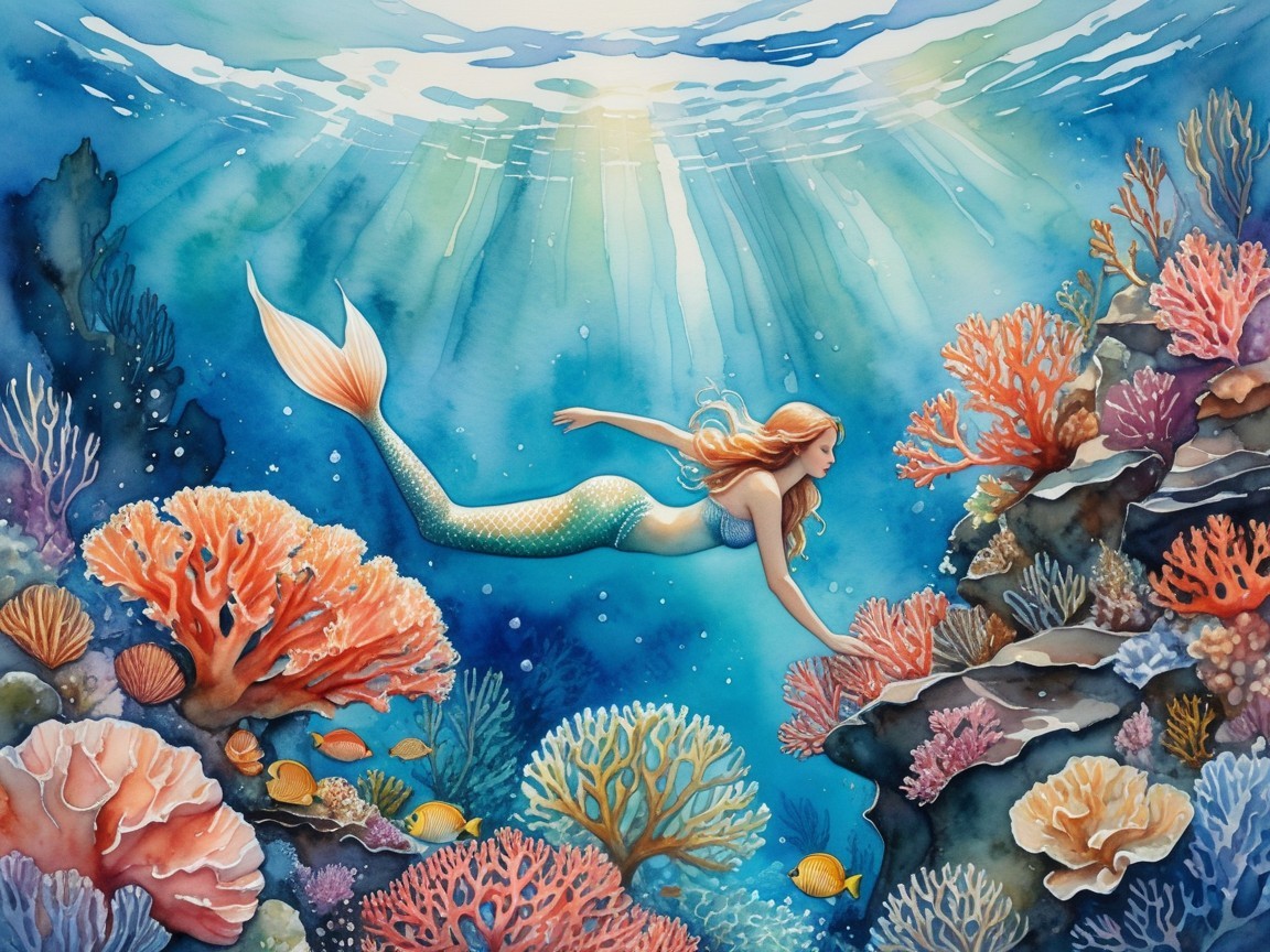 Underwater Scene Featuring a Mermaid and Coral Reefs
