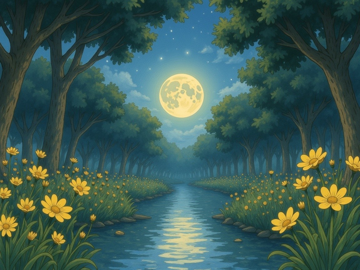 Twilight River Scene with Moonlit Forest and Flowers