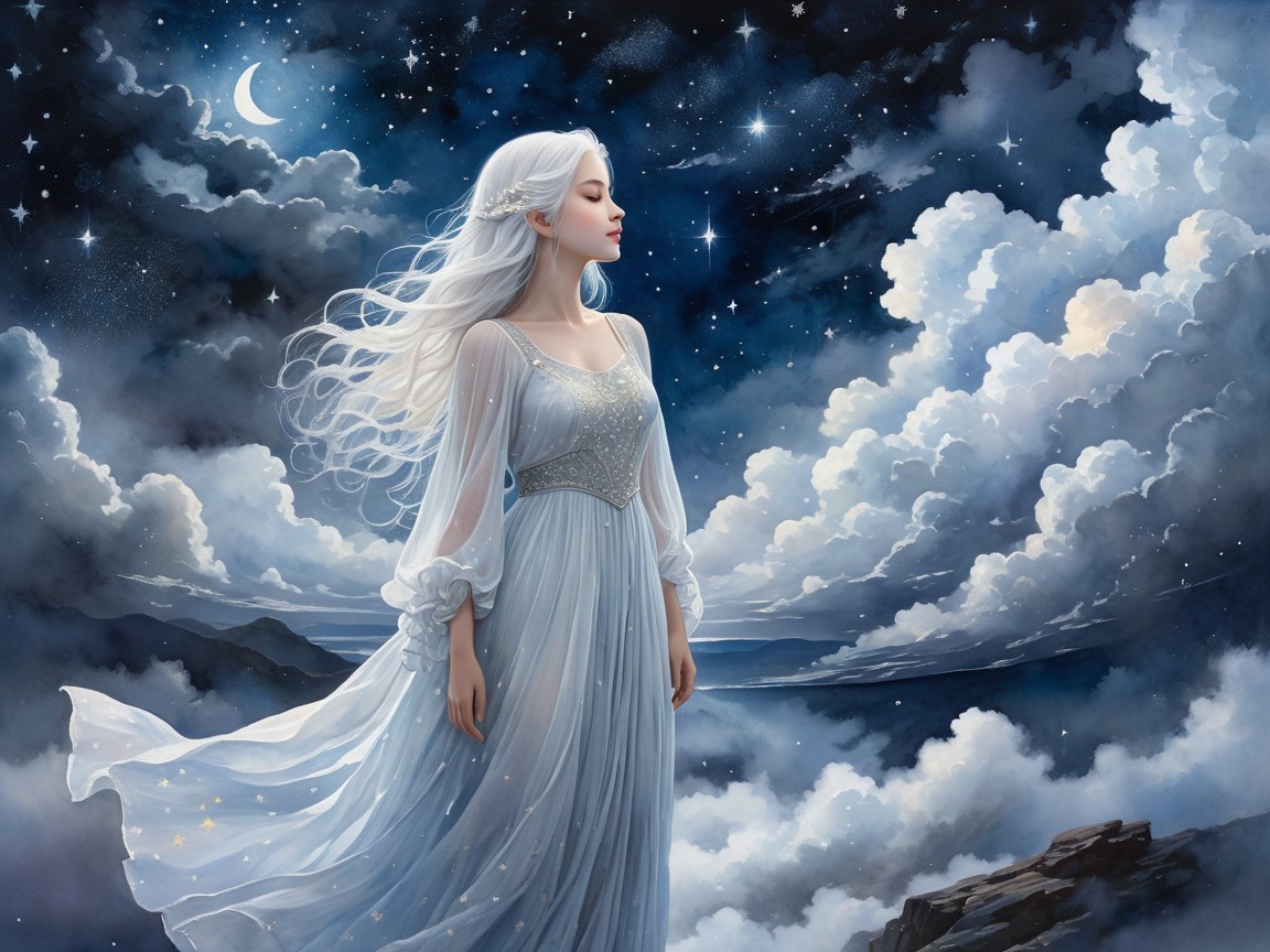 Serene figure in silver gown under dreamy night sky