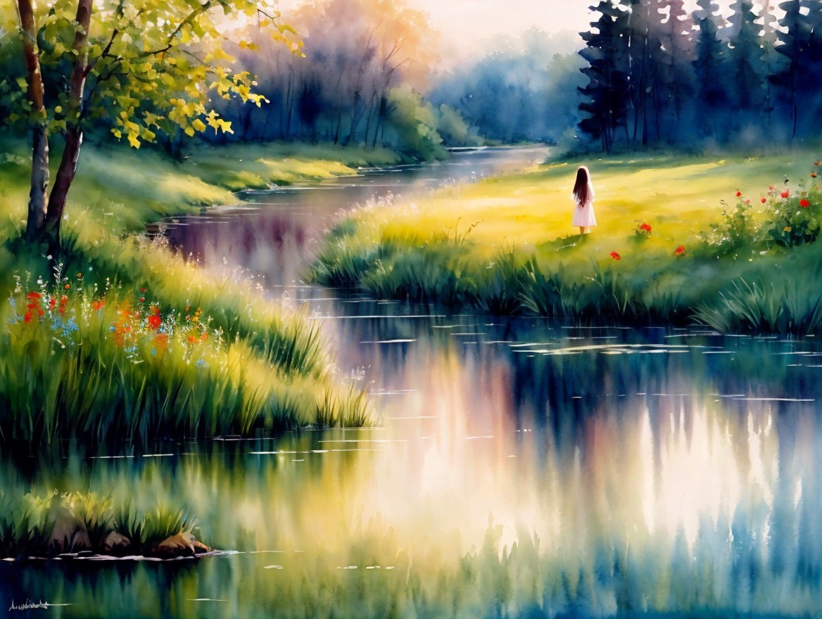 Serene Dawn Landscape with River and Young Girl