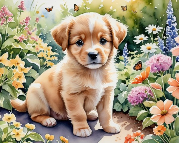 Golden puppy in a vibrant garden with flowers and butterflies