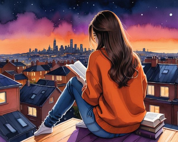 Young woman reading on rooftop at sunset over skyline