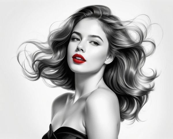 Black-and-white portrait of a woman with red lips