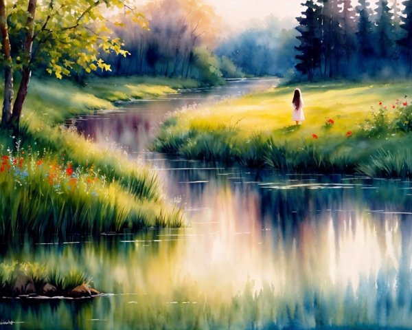 Serene Dawn Landscape with River and Young Girl