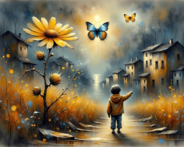 Whimsical Landscape with Child, River, and Flowers