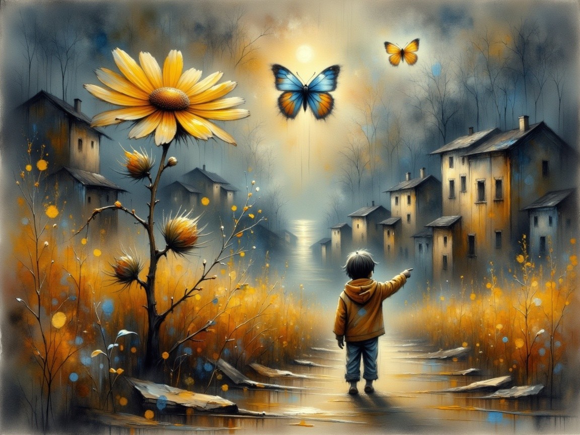 Whimsical Landscape with Child, River, and Flowers