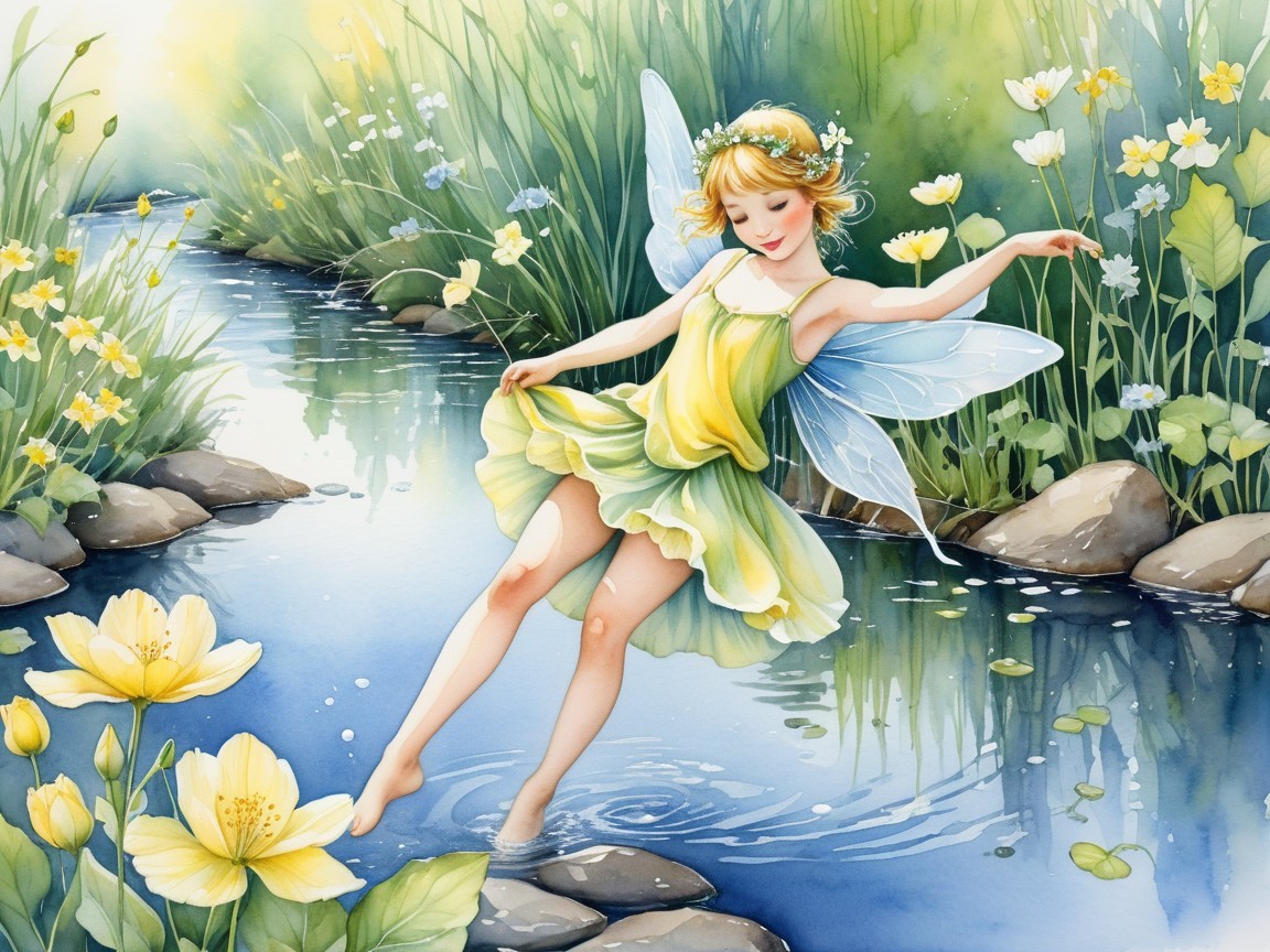 Whimsical Fairy Dancing by a Serene Stream