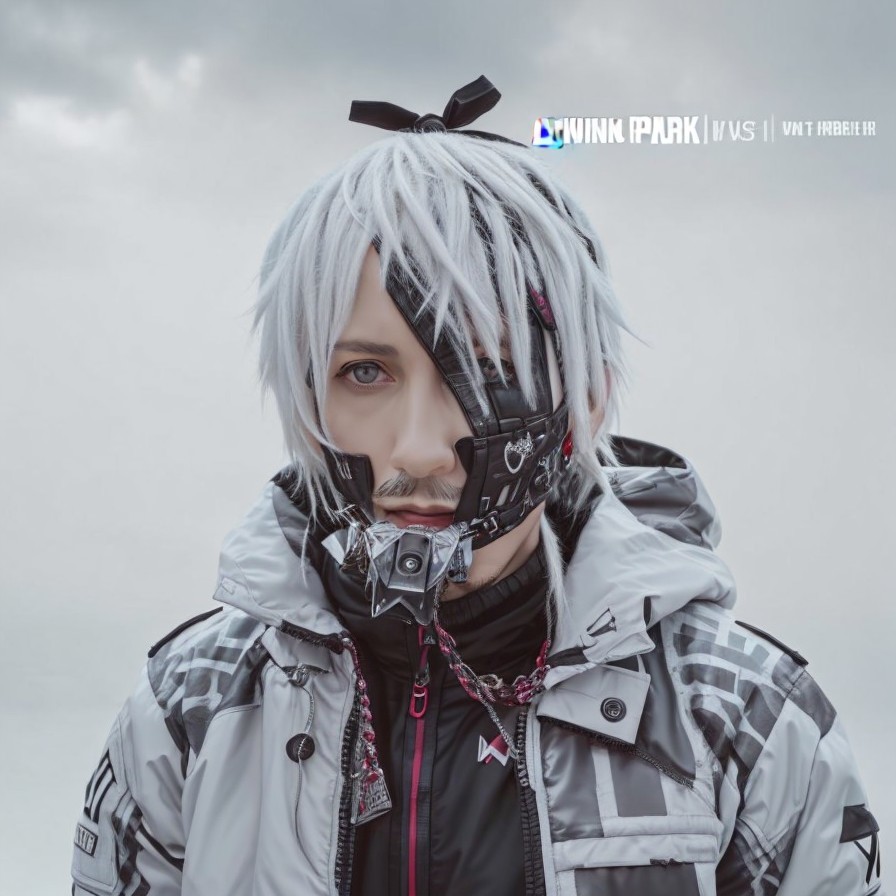 Silver-haired person in futuristic mask with symbolic design, wearing patterned jacket against cloudy sky.