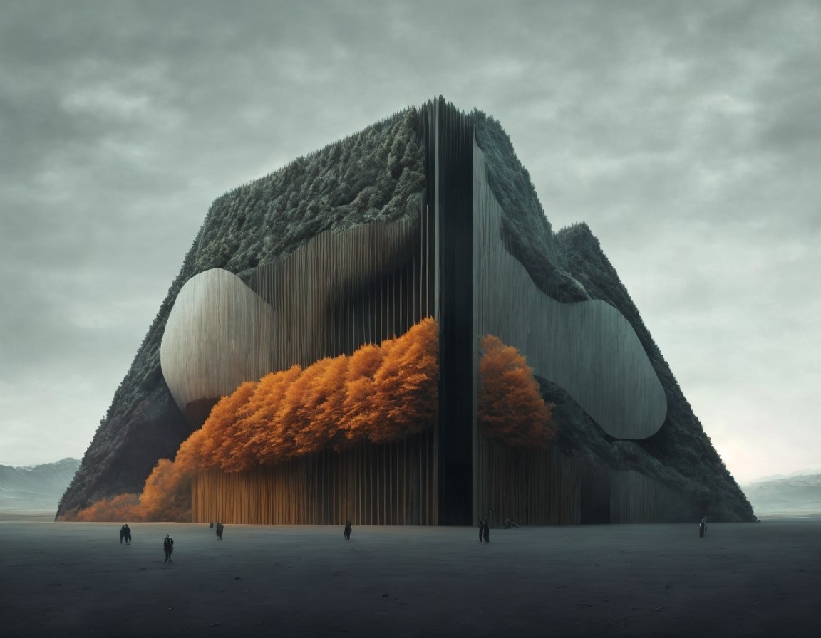 Surreal landscape with massive book, autumn trees, and approaching figures