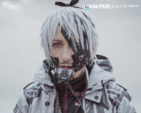 Silver-haired person in futuristic mask with symbolic design, wearing patterned jacket against cloudy sky.