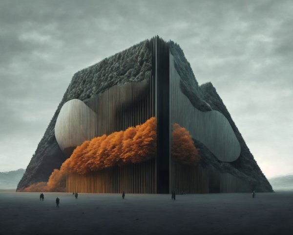 Surreal landscape with massive book, autumn trees, and approaching figures