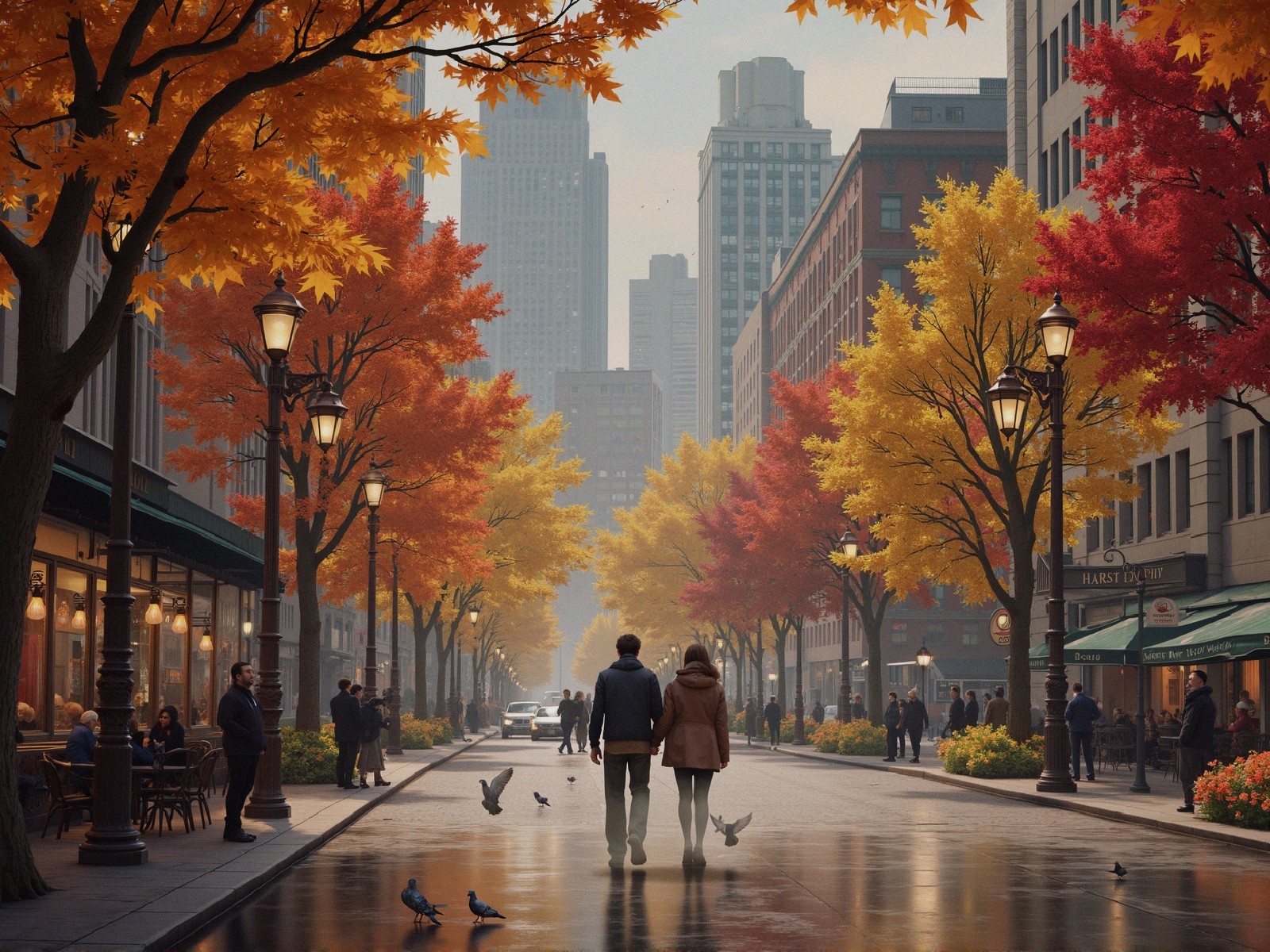 Autumn Street Scene with Vibrant Trees and Cafés
