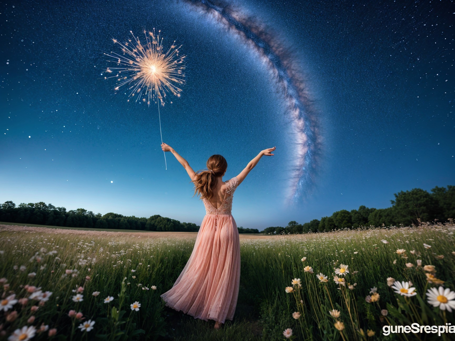 Woman in pink dress with sparkler in daisy field