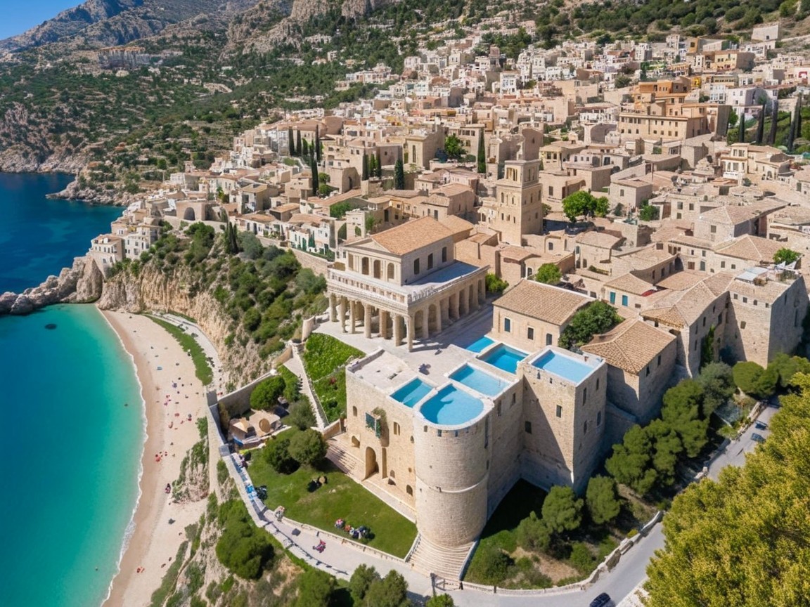 Coastal View of Mediterranean Village and Beach Scene
