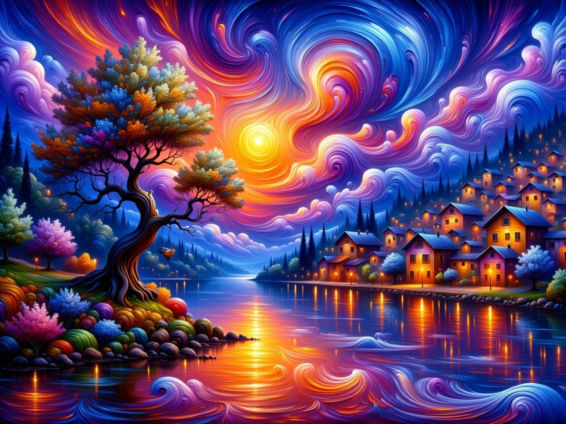 Vibrant Lakeside Sunset Landscape with Cozy Village